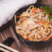 Chicken Yaki Udon · Fresh steamed sautéed udon noodles with vegetables & chicken.