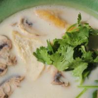 Tom Kha Soup (Thai) · Coconut milk, lemongrass, galangal, lime leaves, mushrooms, and lime juice.