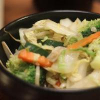 Stir-Fry Mixed Vegetables | Tofu Or Veg · (Napa cabbage, broccoli, zucchini, carrots, stir-fried in light soy sauce, served w/Jasmine ...