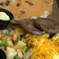 Texas B & B · Three farm fresh eggs made to order, two buttermilk pancakes, smoked bacon or sausage and ha...