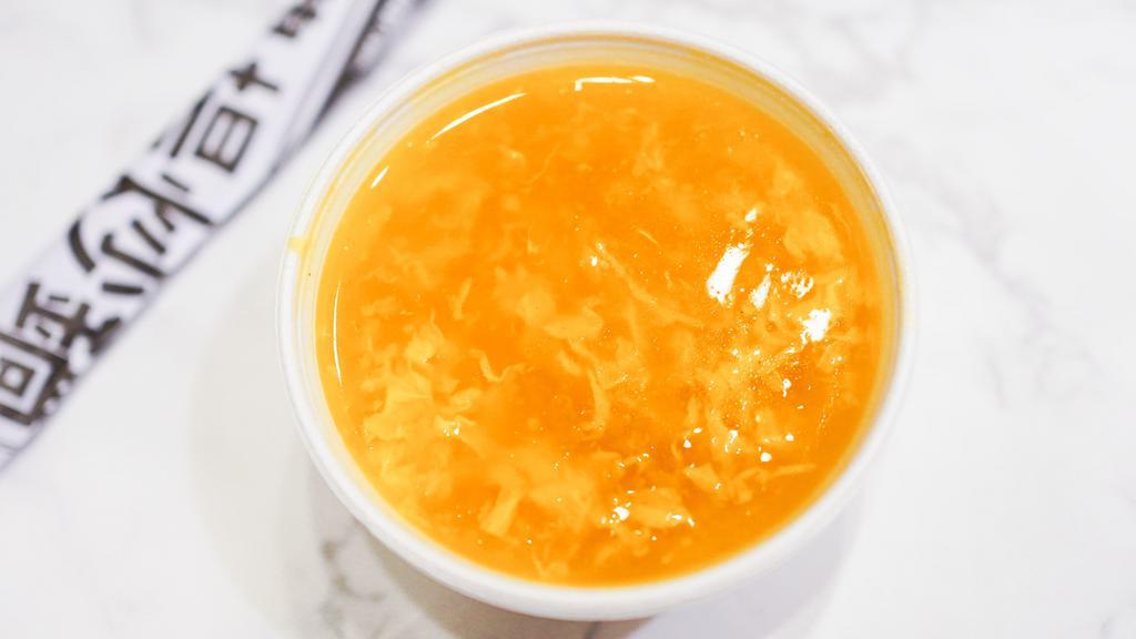Egg Drop Soup (Small) · Wispy beaten eggs in homemade broth and topped with corn.