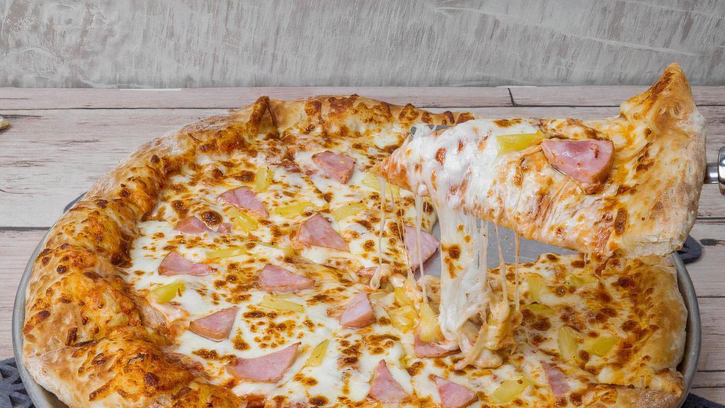Hawaiian · Starts with our fluffy secret recipe dough, covered in the zestiest red sauce and delicious whole milk mozzarella and provolone blend cheese. Then we top it with Ham & Pineapple for those of you that love it that way! :)