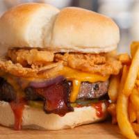 The Honey Bbq Bacon Cheddar Burger · 1/2 lb with cheddar, Applewood Smoked Bacon, grilled onions, onion rings,                   ...