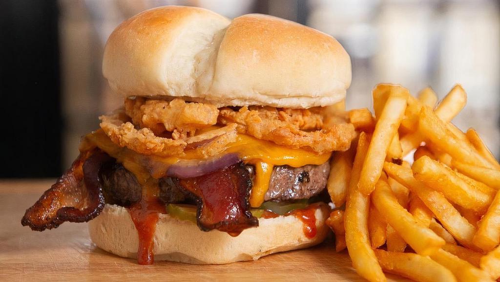 The Honey Bbq Bacon Cheddar Burger · 1/2 lb with cheddar, Applewood Smoked Bacon, grilled onions, onion rings,                                Honey BBQ sauce, & pickles