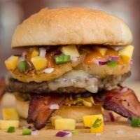 The Hawaiian Pineapple Bacon Bbq Burger · 1/2 lb with pepperjack cheese, Applewood Smoked Bacon, Mango-Pico, grilled pineapple and Haw...