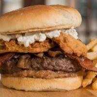 The Fried Apple Blue Cheese Bacon Burger · 1/2 lb with fried Granny Smith apples, blue cheese aioli, Applewood, Smoked Bacon, grilled o...