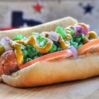 Flats Chicago Dog · Mustard, onion, tomato, sport peppers, Chicago relish, & celery salt