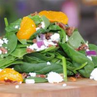 Original Baby Spinach Salad · Fresh Baby Spinach, feta cheese crumbles, Applewood Smoked Bacon, Craisins, red onions, home...
