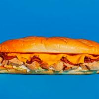 Bacon Ranch Chicken Cheesesteak · Sliced chicken with melted cheddar, crispy bacon, and creamy ranch on a hoagie roll.
