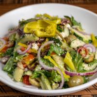 The Greek Salad · romaine lettuce, feta cheese, capers, pepperoncini, cucumbers, grape tomato, red onion, quee...