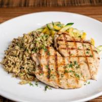 Fire Grilled Chicken Breast · Bistro rice and sautéed vegetables.