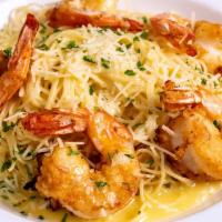 Shrimp & Capellini Pasta · Sautéed Jumbo Texas Gulf Shrimp, herb buttered capellini pasta, parmesan cheese, lemon butte...