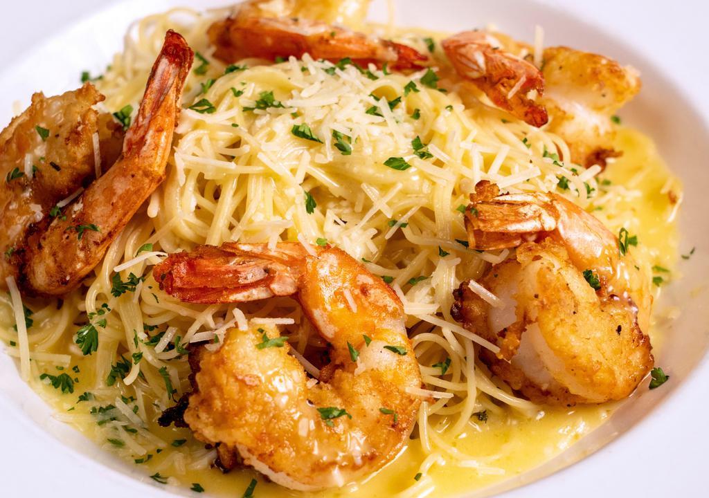 Shrimp & Capellini Pasta · Sautéed Jumbo Texas Gulf Shrimp, herb buttered capellini pasta, parmesan cheese, lemon butter sauce