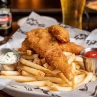 Big Rock Fish & Chips · Landshark beer batter, tartar sauce, and fries.