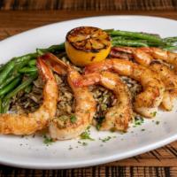 Grilled Jumbo Shrimp · Bistro rice and sautéed green beans.