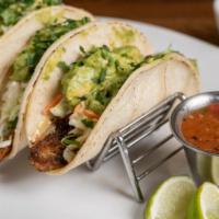 Fish Tacos · (3) Tacos served with borracho beans, pico de gallo,
cabbage and carrot slaw, lime, chipotle...