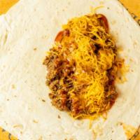 Meat Burrito · A large steamed flour tortilla filled with 100% ground beef, mild or spicy sauce, and chedda...