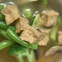 Vegetable Tofu Soup · Mixed vegetables and tofu in clear soup topped with pepper & fried garlic