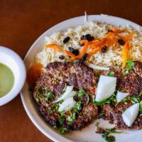 Chapli Kabob · Beef patties mixed with onion, leek and other Afghan seasonings, grilled until cooked thorou...