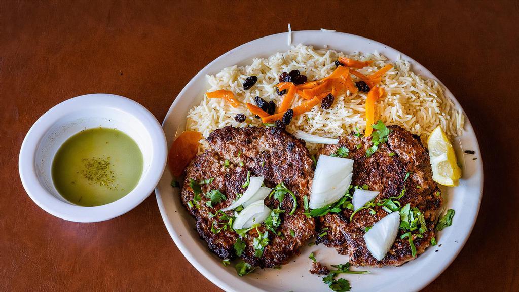 Chapli Kabob · Beef patties mixed with onion, leek and other Afghan seasonings, grilled until cooked thoroughly