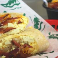 Frisco Burrito · 12-inch flour tortilla filled with eggs, bacon, potatoes, and cheese.