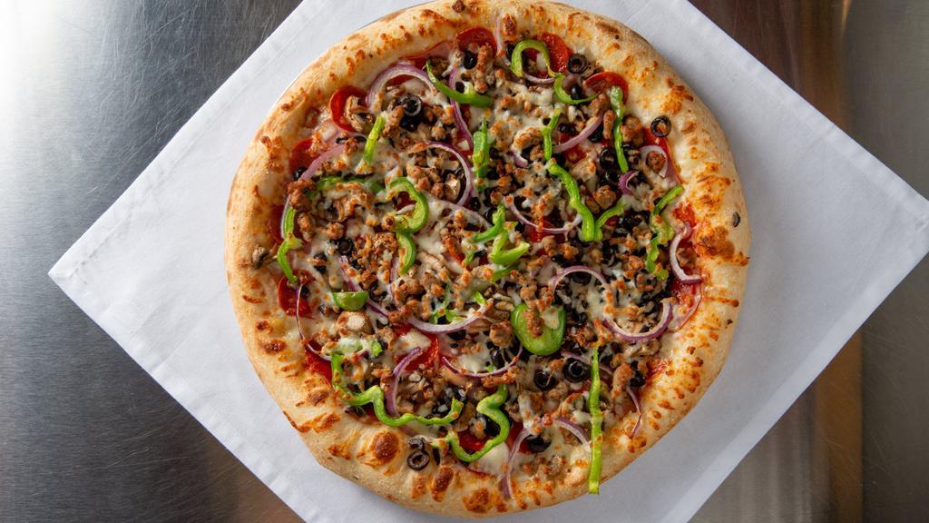 The Ultimate Pizza · Our classic combo. Pepperoni, Canadian bacon, spicy Italian sausage, black olives, red onions, mushrooms, green peppers, and extra cheese.