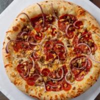 The Sicilian (Large) · Treat yourself to a meaty trio of salami, pepperoni and spicy Italian sausage complemented w...