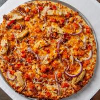 Chicken Bacon Ranch Pizza · This savory pizza is topped with our grilled chicken, bacon, cheddar cheese, tomatoes, red o...