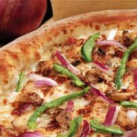 Jim'S Garlic Chicken Pizza · This gourmet pizza starts with a delicious garlic basil sauce topped with grilled chicken, s...