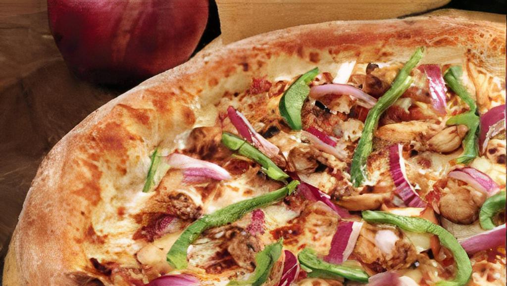 Jim'S Garlic Chicken Pizza · This gourmet pizza starts with a delicious garlic basil sauce topped with grilled chicken, sun-dried tomatoes, green peppers, red onions, roasted garlic, and grated parmesan cheese. Not available as gluten-free due to the sauce.