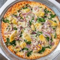 Spinach Artichoke Pie (Medium) · Fresh spinach, artichoke hearts, roasted garlic and red onions on our olive oil base. It's n...