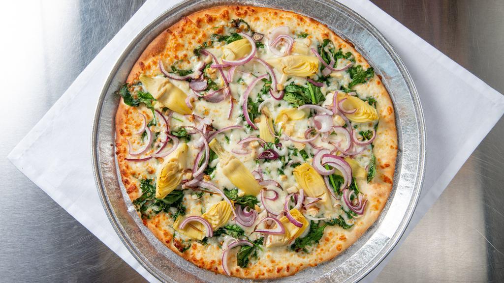Spinach Artichoke Pie (Medium) · Fresh spinach, artichoke hearts, roasted garlic and red onions on our olive oil base. It's never been more tasty to eat your spinach!