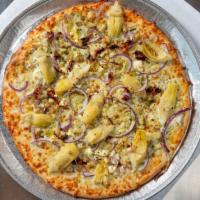Jim'S Gourmet Garlic Pizza · Our basil pesto sauce, artichoke hearts, roasted garlic, sun-dried tomatoes, red onions, and...