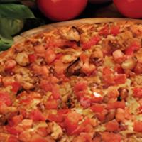 Queen Margherita Pizza · Olive oil base simply topped with fresh basil, roasted garlic and fresh tomatoes on your cho...
