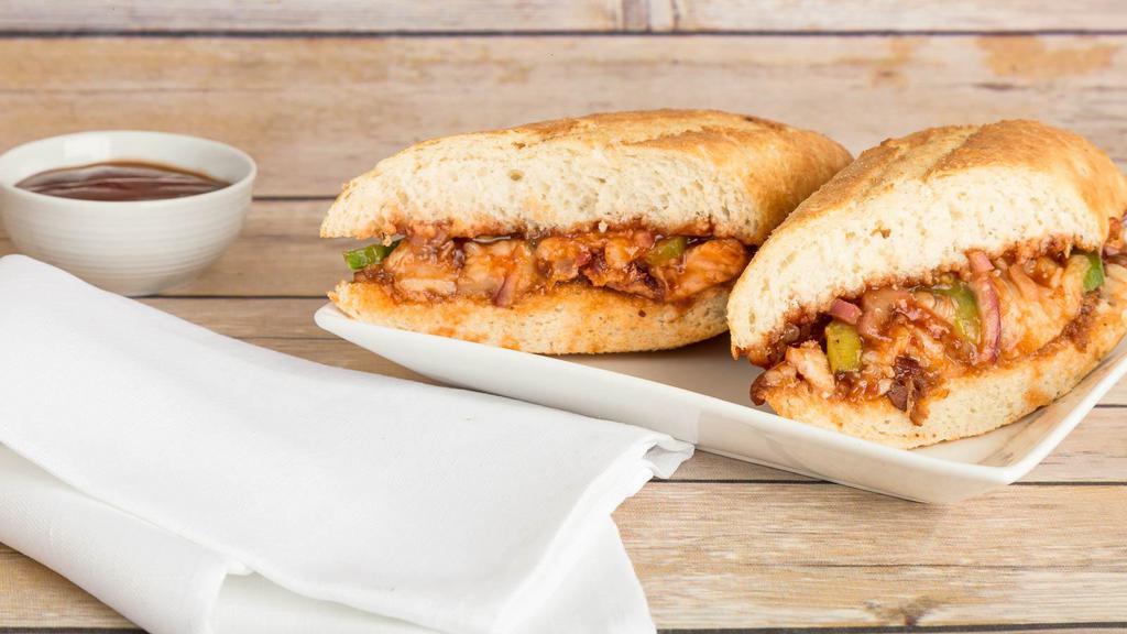 Bbq Chicken · Garlic jim's smokin' sweet bbq chicken sandwich! Grilled chicken, bacon, mozzarella cheese and bbq sauce loaded with crisp peppers and red onions. Served up perfectly on our delicious, soft, toasted bread.