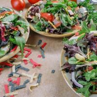 Greek Salad · Fresh seasonal mixed greens, black olives, red onions, Roma tomatoes, feta cheese. Served wi...