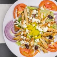 Mediterranean Salad  · Mixed Greens, grilled chicken, tomato, onion, black olives, banana peppers, Feta cheese. Ser...