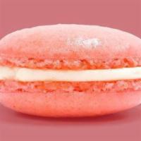Strawberry Cheesecake Macaron · Filled with cream cheese frosting and a dollop of natural strawberry jam!