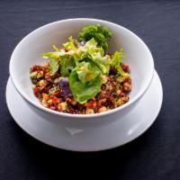 Cleverley'S Quinoa & Chickpea Salad · Quinoa, chickpeas, cucumber, red bell peppers, onions, lemon garlic vinaigrette