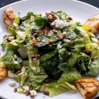 Pear Salad · Select mixed greens, feta, spiced pecans, charred pear vinaigrette (V)