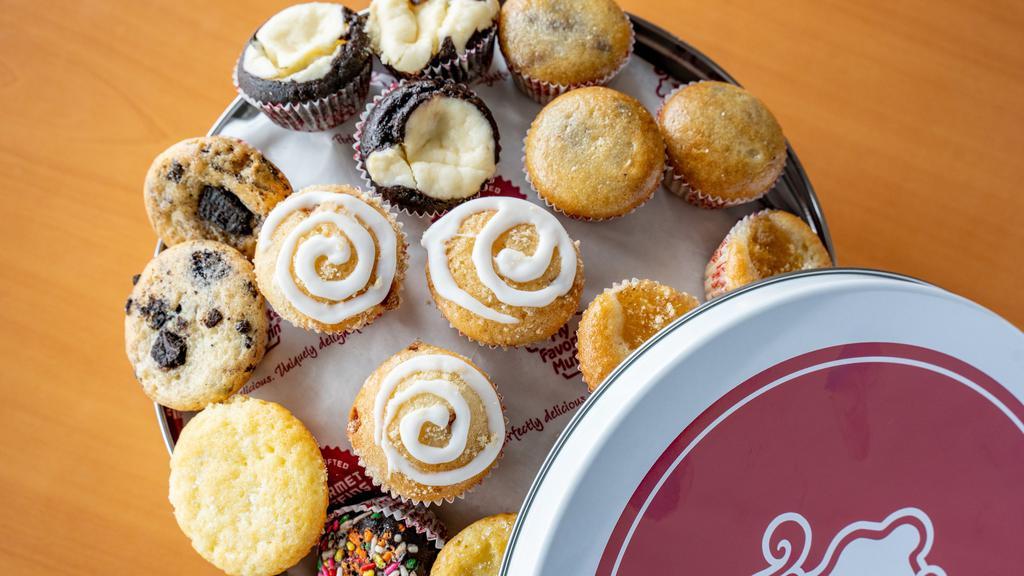 Mini Muffin Tin (3 Dozen) · Enjoy 3 dozen of our delicious assorted mini muffins in a decorate keepsake tin.