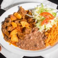 Plates · All served with rice and refried beans with handmade tortillas (flour or corn).