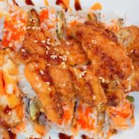 Lobster · Tempura lobster tail, asparagus, avo, monterey jack cheese, topped (masago, eel sauce, spicy...