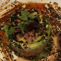 Ahi Tuna Tower · Soy ginger marinade (our soy sauce is gluten free), chopped greens, tomato, avocado, sesame ...