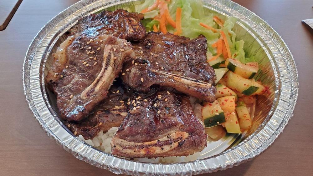 Beef Kalbi Bowl · Rice bowl with marinated beef short ribs and mix veggies.
