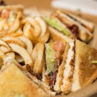 Chicken Blt Club · A grilled chicken breast topped with bacon, lettuce, tomato and pickles.