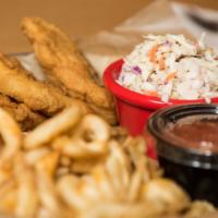 Catfish Fillets · Freshly hand breaded and Southern fried farm raised catfish fillets. Served with curly fries...
