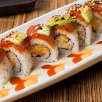 Gold Digger Roll · Tempura lobster and crab meat inside of the roll, topped with spicy tuna, avocado & Japanese...
