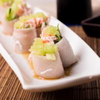 Shiso Hamachi · No rice & no seaweed. Crab meat, cucumber and Japanese shiso leaf wrapped with yellowtail to...