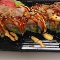 Yammy Yammy Roll · Imitation crab,avocado ,cucumber, wrapped with salmon on top ,Drizzled with eel sauce, spicy...